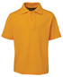 A bright yellow polo shirt with short sleeves and a classic collar, featuring a logo on the chest.