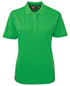 A green ladies' polo shirt featuring a collar and short sleeves, with a logo on the chest area.