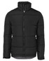 A black puffer jacket with a high collar and zip closure featuring a logo.