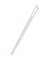 A slim, white threading needle with an elongated design and a large eye for easily threading drawcords.
