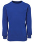 A blue fleecy sweatshirt with long sleeves and a round neckline, featuring a logo.
