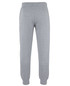 Grey track pants featuring an elastic waistband and fitted cuffs, with a logo present.