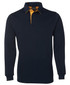 A navy blue rugby shirt with a contrasting orange collar. Features long sleeves and a branding logo.