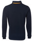A navy and yellow two-tone rugby shirt with long sleeves and a collared neck. The shirt features a branding logo.