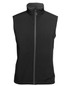 A black three-layer softshell vest with a high collar and zip front, featuring a logo.
