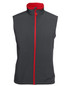 A three-layer softshell vest in dark grey with a red collar and zipper, featuring a logo.