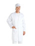 A white lab coat with long sleeves and a matching white cap, worn by a smiling model. A white lab coat with long sleeves and a matching white cap, worn by a smiling model.