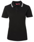 A black polo shirt featuring a checkered collar, designed for women in chefwear. It has a logo on the fabric.