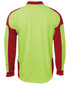 A long-sleeve polo shirt in fluorescent yellow and red with contrasting arm panels and a collar, featuring a logo.