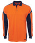 An orange and navy long-sleeve polo shirt with a pocket and a logo. Suitable for workwear.
