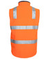 An orange softshell vest featuring reflective strips and a high collar, with a logo on the back. An orange softshell vest featuring reflective strips and a high collar, with a logo on the back.