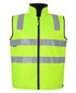 High-visibility vest in bright yellow with reflective stripes and a front zip. Features a zippered collar and pockets.