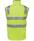 A high-visibility vest in bright yellow with reflective stripes, featuring a collar and a simple design.