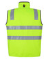 A high visibility vest in fluorescent yellow with two reflective stripes, featuring a collar and a black trim.