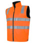 An orange reflective safety vest with grey stripes and a zip front design, featuring a collar and no sleeves.