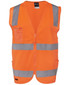 An orange safety vest with reflective silver stripes and a front pocket, featuring a zip closure and no sleeves.
