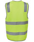 A high-visibility safety vest in bright yellow with reflective grey stripes and a logo.