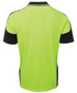 A high-visibility green polo shirt with black contrast piping and a logo. Suitable for workwear.