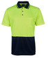 A bright yellow and navy polo shirt with a pocket, featuring a logo and a non-cuff design.