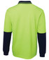A long-sleeved polo shirt in bright yellow-green with navy blue sleeves and a logo on the chest.