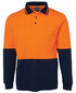 An orange and navy long-sleeve cotton polo shirt with a chest pocket and a logo.