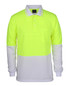 A long-sleeved polo shirt in fluorescent yellow and white, featuring a chest pocket and a logo.