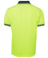 A bright yellow short-sleeve polo shirt featuring a contrasting collar and sleeve stripes, with a logo.