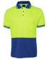 A polo shirt in high visibility yellow and blue, featuring a collar, pocket, and branding.