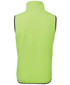 A high-visibility lime green work vest with black trim, featuring a stand-up collar and no sleeves.