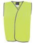 A bright yellow safety vest for kids, featuring a wrap design and grey trim. Includes a logo on the garment.