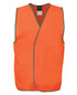 An orange safety vest with a grey trim and a branding logo, designed for high visibility and safety.