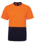 An orange and navy work t-shirt featuring a pocket and a branding logo.