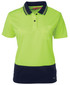 A bright yellow and navy blue ladies' short sleeve polo shirt with a pocket and a logo.