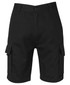 Black cargo shorts with side pockets and a classic design, featuring a front button and zip closure.