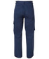 Navy cargo pants featuring multiple pockets and a logo on the back.
