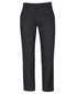A pair of black trousers made from stretch canvas, featuring a button and zip closure, and styled with pockets.