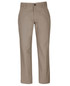 A pair of beige stretch canvas trousers with a button closure and front pockets. Features a branding logo.