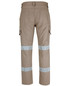 A pair of light brown cargo pants featuring reflective D+N tape across the lower legs and multiple pockets.
