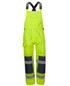 Bright yellow waterproof bib and brace with reflective strips and dark navy details. Features adjustable straps and pockets.