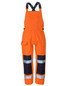 Bright orange waterproof bib and brace with navy blue reflective strips and adjustable straps. Features pockets on the front.