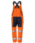 An orange bib and brace with black accents and reflective stripes, featuring shoulder straps and multiple pockets.