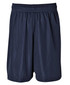 Navy sports shorts made from breathable mesh material, featuring an elastic waistband and a logo.