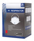 A box containing 20 P1 respirators, featuring a white mask design with dual head straps and a clear vision shape.