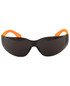 A pair of sunglasses with a black frame and orange arms, featuring a sleek, wrap-around design.