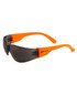 Sunglasses with a grey lens and bright orange frames, featuring branding on the temple.
