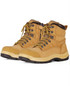 A pair of tan safety boots with black soles and yellow laces, featuring a protective toe cap and branding.