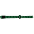 A green rPET luggage strap featuring a recycling symbol pattern and a plastic buckle, with a logo present.