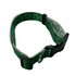 A green dog collar featuring a recycled pattern, with adjustable clasps and a metal ring for attachments.