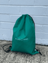 A teal drawstring backpack made from rPET, featuring a logo on the front and black drawstrings.