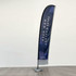 A tall, curved feather flag with a dark blue design and a base for stability, featuring branding.